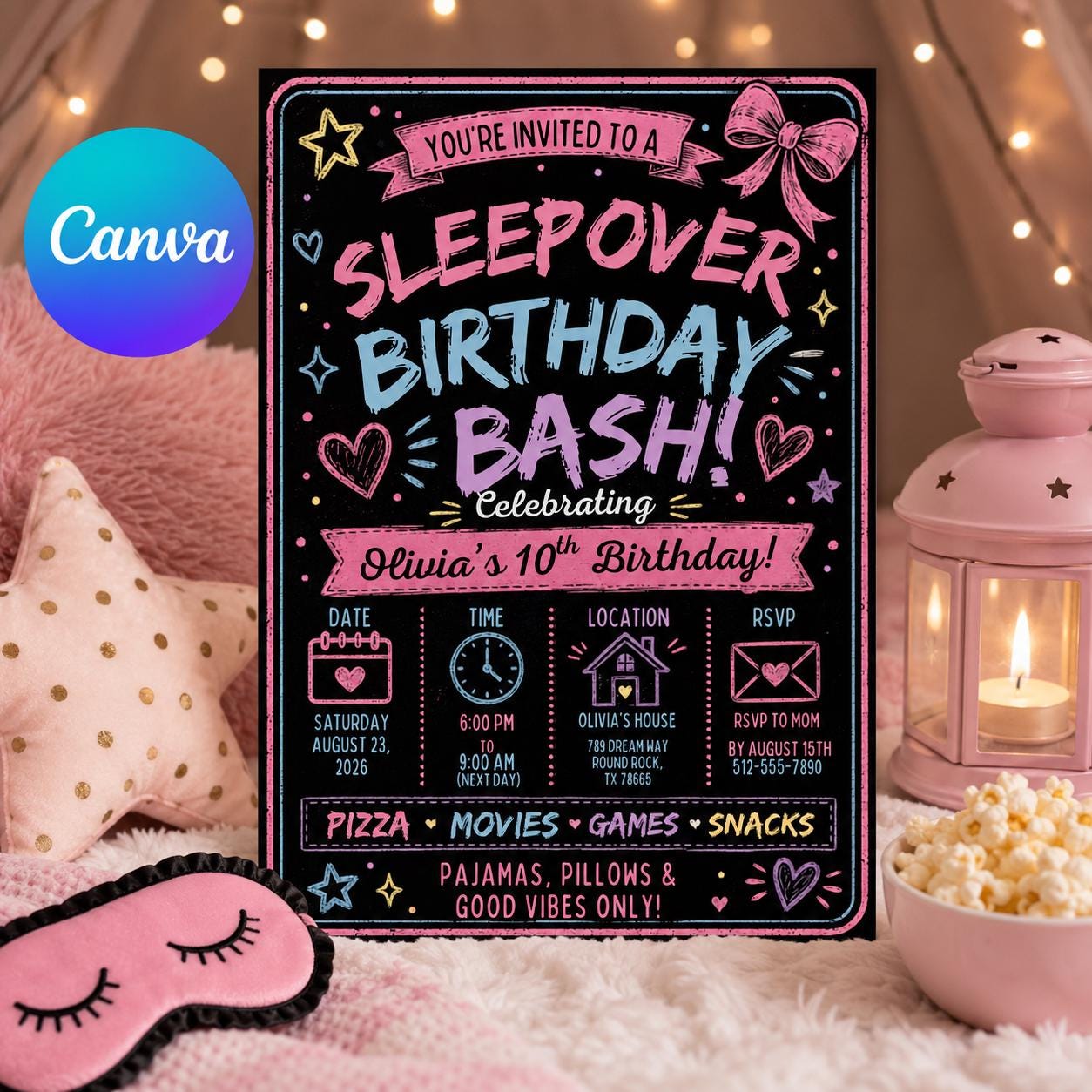 Sleepover Birthday Invitation, Pink Slumber Party Girl Editable Printable Invite Canva Template