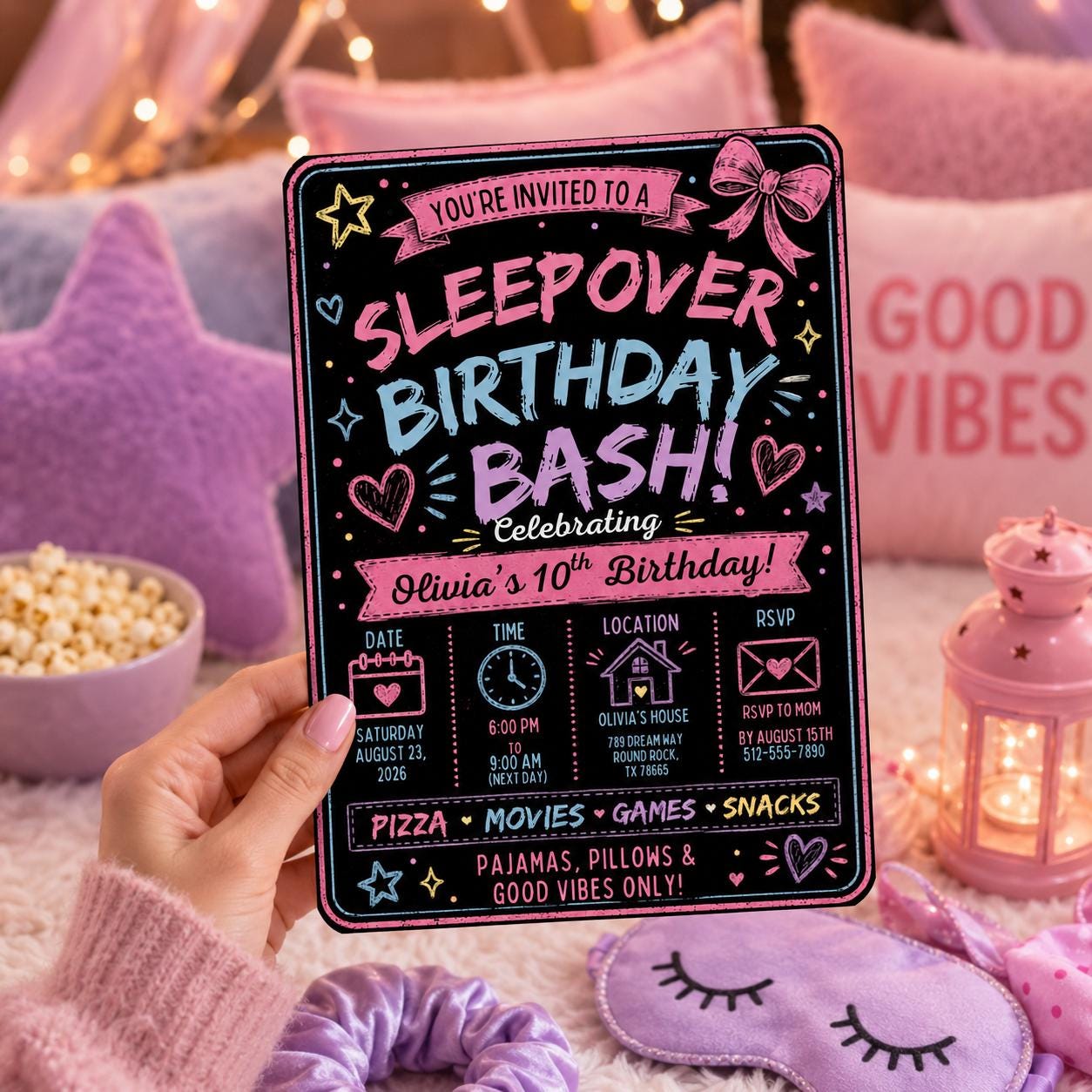 Sleepover Birthday Invitation, Pink Slumber Party Girl Editable Printable Invite Canva Template - Image 6