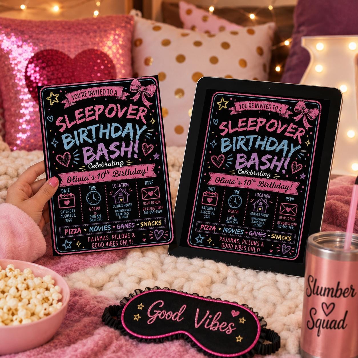 Sleepover Birthday Invitation, Pink Slumber Party Girl Editable Printable Invite Canva Template - Image 5