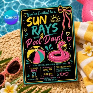 Pool Party Invitation, Summer Flamingo Birthday Invite Editable Printable Canva Template