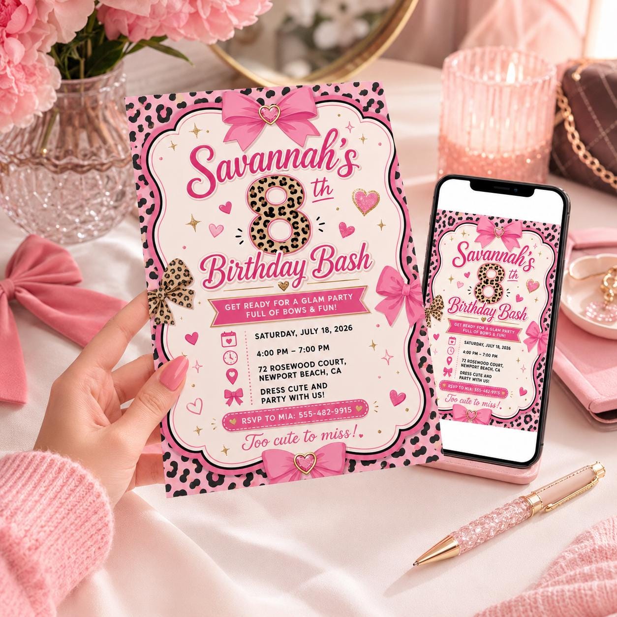 Bow Birthday Invitation, Pink Leopard 8th Girl Party Editable Printable Invite Canva Template - Image 3