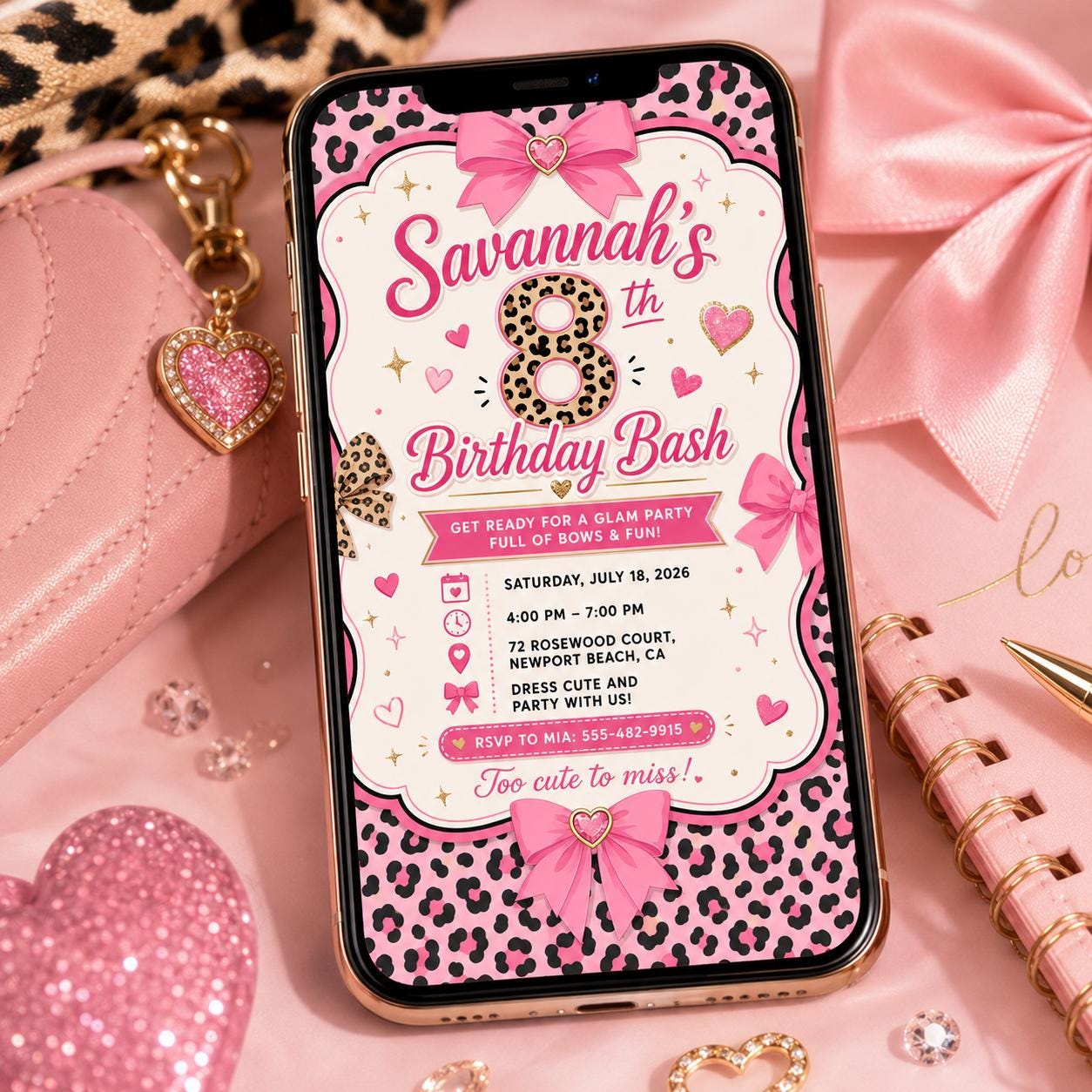 Bow Birthday Invitation, Pink Leopard 8th Girl Party Editable Printable Invite Canva Template - Image 4