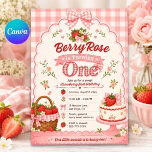 Strawberry First Birthday Invitation, Berry Sweet Girl Invite Editable Canva Template