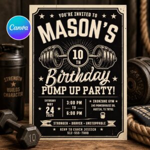 Gym Birthday Invitation, Weightlifting 10th Sports Party Editable Printable Invite Canva Template
