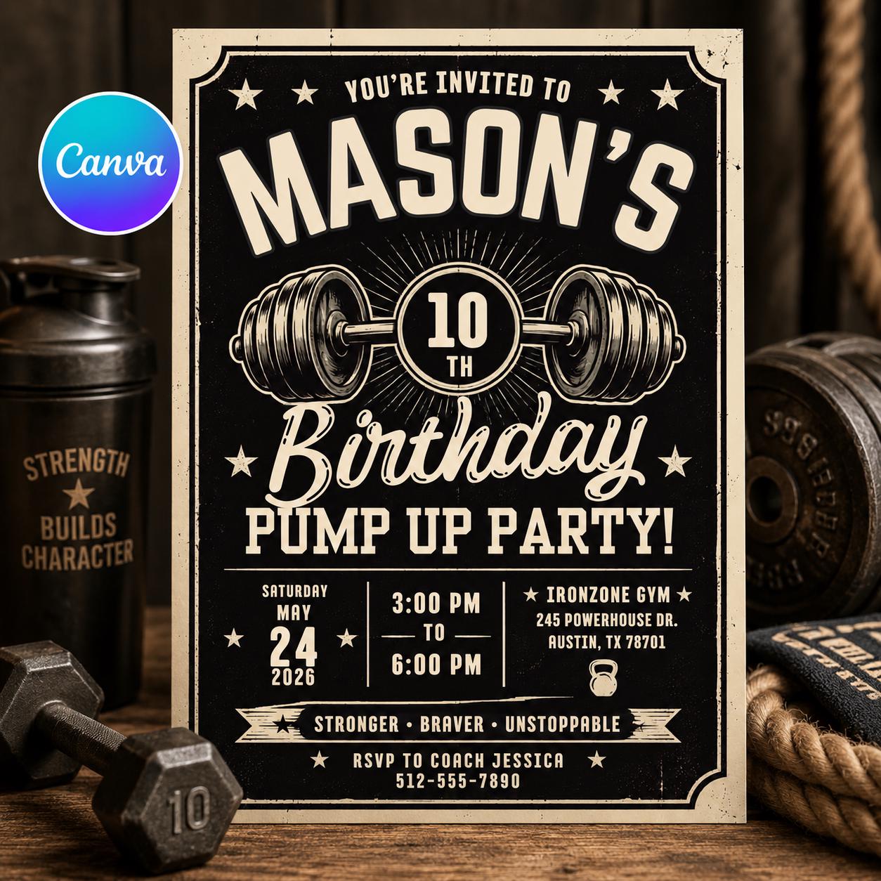 Gym Birthday Invitation, Weightlifting 10th Sports Party Editable Printable Invite Canva Template