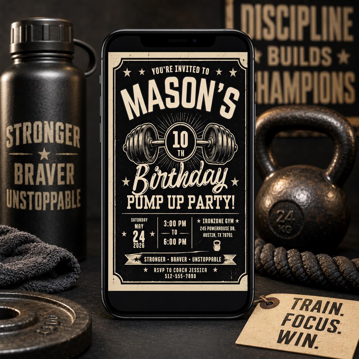 Gym Birthday Invitation, Weightlifting 10th Sports Party Editable Printable Invite Canva Template - Image 6