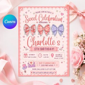 Bow Birthday Invitation, Pink Coquette Girl 5th Party Editable Printable Invite Canva Template