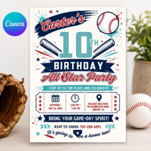 Baseball Birthday Invitation, All Star 10th Boy Sports Party Editable Printable Invite Canva Template