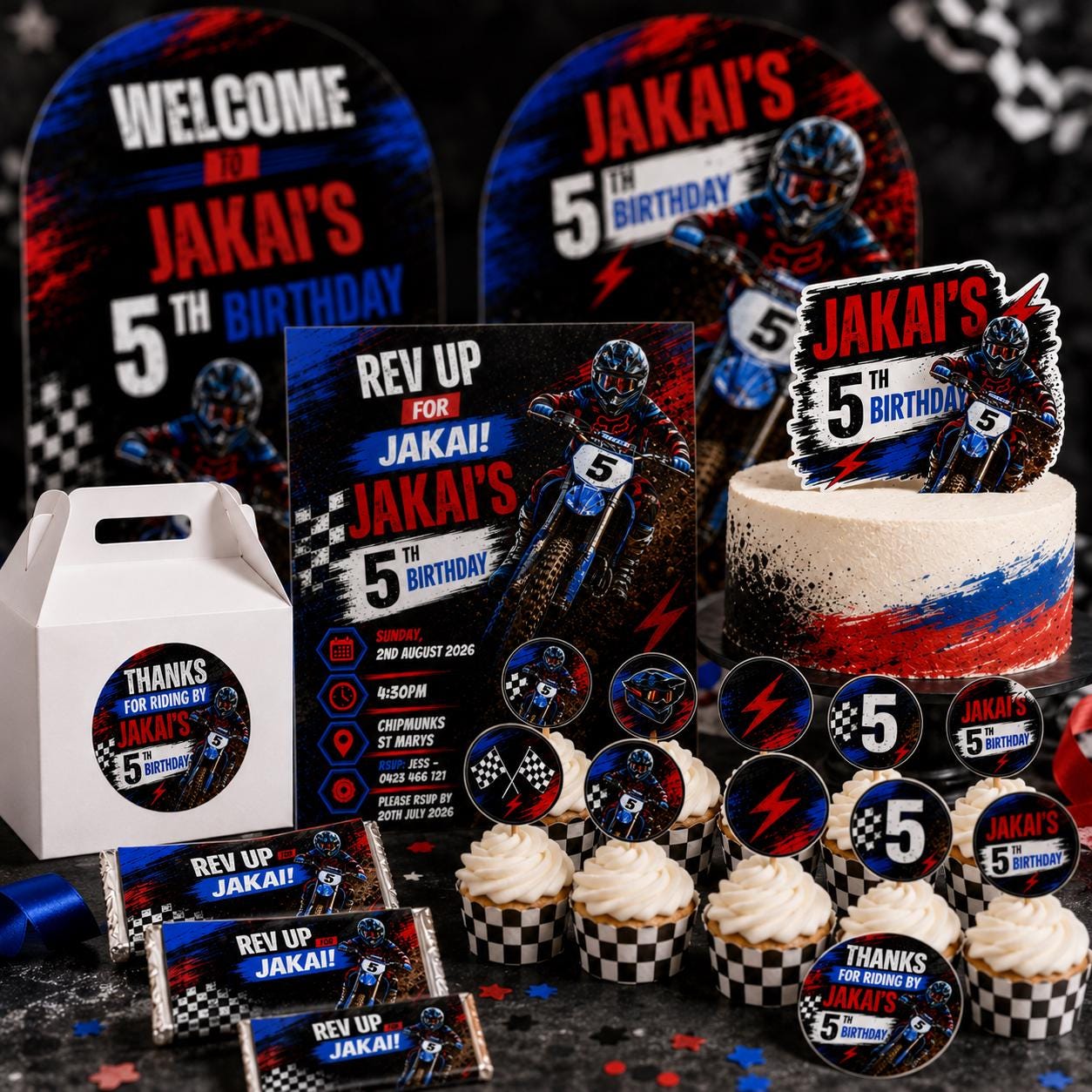 Dirt Bike Birthday Bundle, Editable Motocross Party Invitation, Welcome Sign, Backdrop, Cake & Cupcake Toppers, Canva Template - Image 4