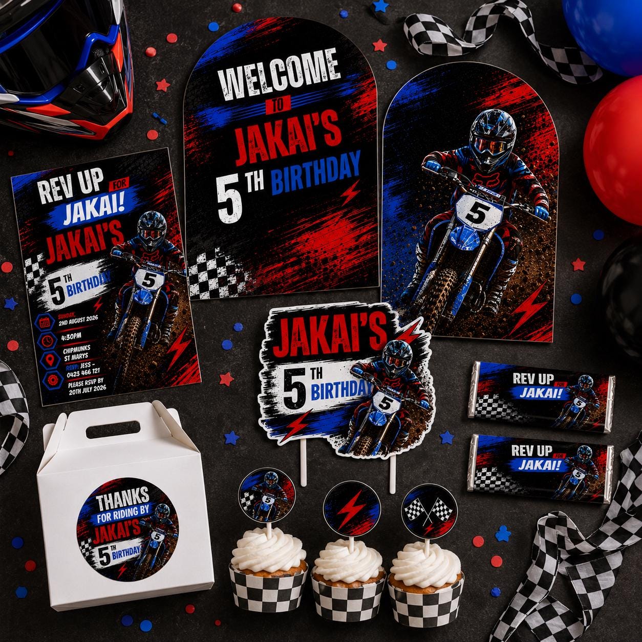 Dirt Bike Birthday Bundle, Editable Motocross Party Invitation, Welcome Sign, Backdrop, Cake & Cupcake Toppers, Canva Template - Image 5