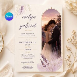 Wedding Invitation Template, Lavender Floral Photo Wedding Invite, Elegant Printable Canva Template