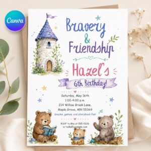 Storybook Birthday Invitation, Teddy Bear Castle Girl 6th Birthday Printable Canva Template