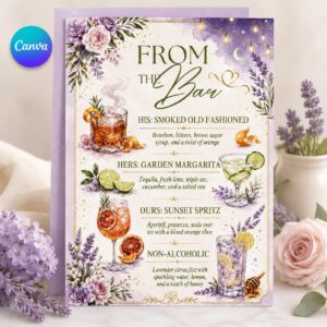 Cocktail Menu Template, From the Bar Wedding Drink Menu, Floral Lavender Printable Canva Template