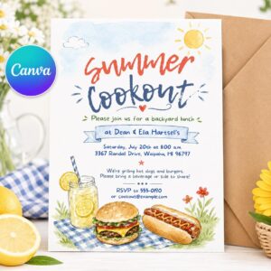 Summer Cookout Invitation, Backyard BBQ Lunch Party Invite, Watercolor Printable Canva Template