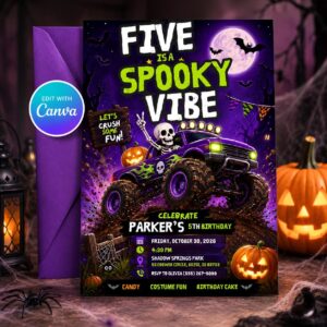 Monster Truck Birthday Invitation, Spooky Halloween 5th Birthday Boy Invite Canva Template