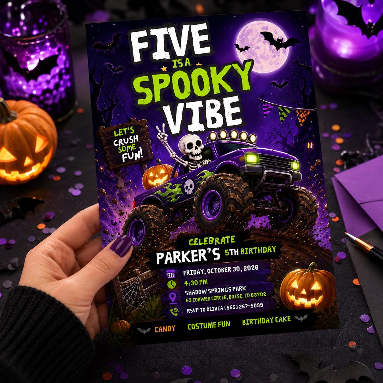 Monster Truck Birthday Invitation, Spooky Halloween 5th Birthday Boy Invite Canva Template - Image 5