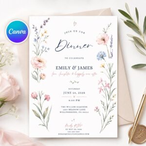 Dinner Party Invitation, Floral Watercolor Wedding Dinner Invite Printable Canva Template