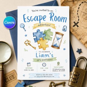 Escape Room Invitation, Puzzle Quest 10th Birthday Party Invite Printable Canva Template