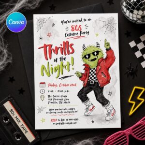 80s Costume Party Invitation, Retro Halloween Monster Party Invite Printable Canva Template