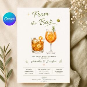 Cocktail Party Invitation, From the Bar Adult Drinks Invite, Minimal Watercolor Printable Canva Template
