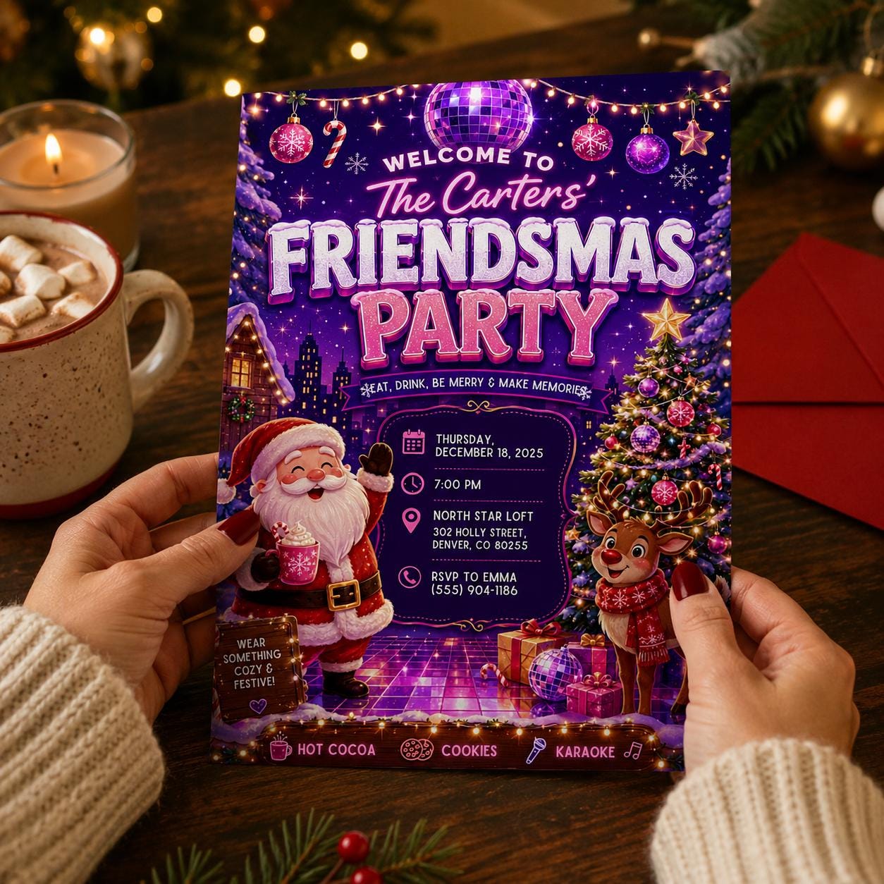 Friendsmas Party Invitation, Christmas Holiday Party Invite, Neon Pink Printable Editable Canva Template - Image 3