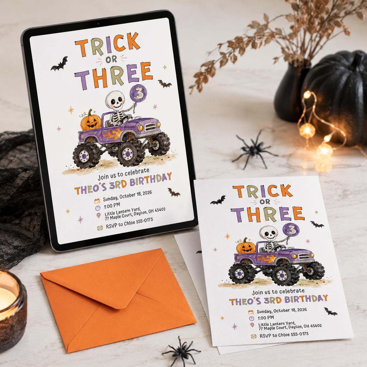 Trick or Three Birthday Invitation, Editable Halloween 3rd Birthday Boy Monster Truck Printable Canva Template - Image 4