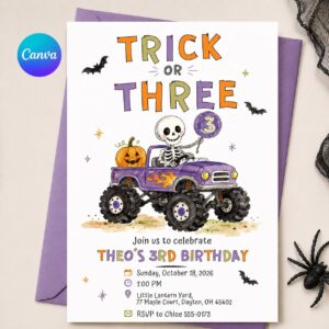 Trick or Three Birthday Invitation, Editable Halloween 3rd Birthday Boy Monster Truck Printable Canva Template