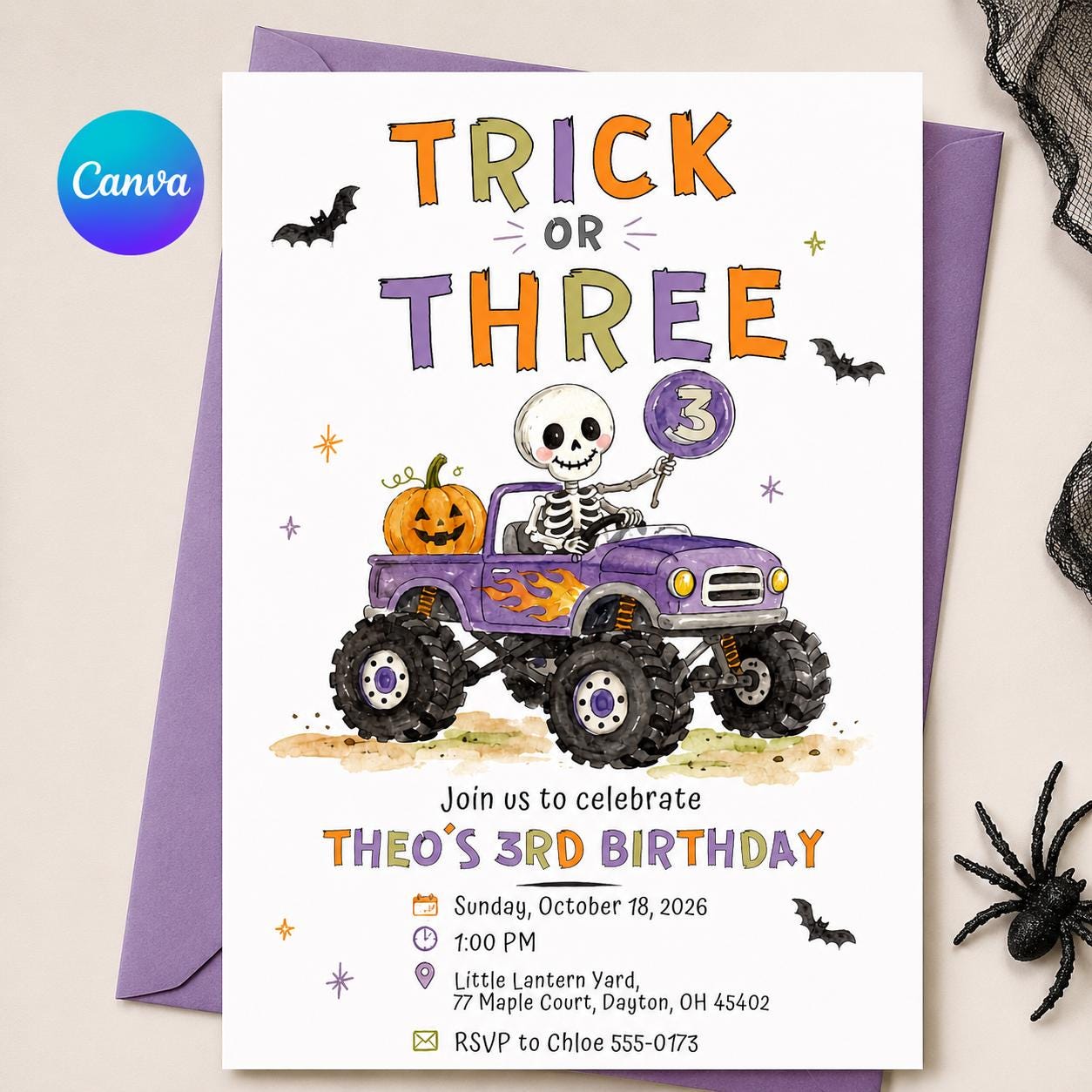 Trick or Three Birthday Invitation, Editable Halloween 3rd Birthday Boy Monster Truck Printable Canva Template