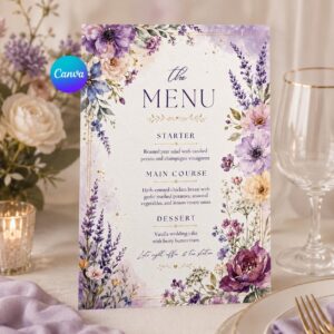 Floral Wedding Menu, Purple Watercolor Reception Dinner Editable Printable Canva Template