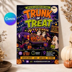 Trunk or Treat Flyer, Halloween Candy Cruise Community Event Editable Printable Canva Template