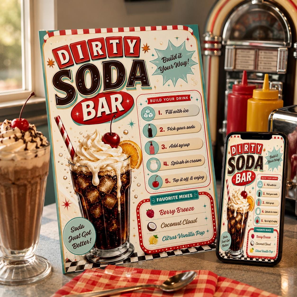 Dirty Soda Bar Sign, Retro Drink Station Recipe Menu Editable Printable Canva Template - Image 4