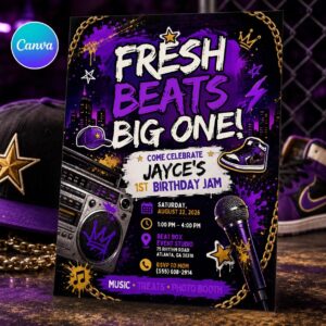 Hip Hop First Birthday Invitation, Fresh Beats Big One 90s Rap Party Editable Canva Template