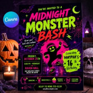 Neon Halloween Birthday Invitation, Monster Bash 16th Teen Costume Party Editable Canva Template