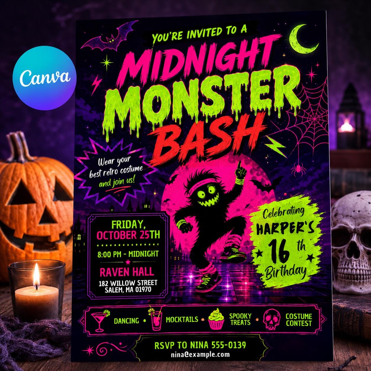 Neon Halloween Birthday Invitation, Monster Bash 16th Teen Costume Party Editable Canva Template