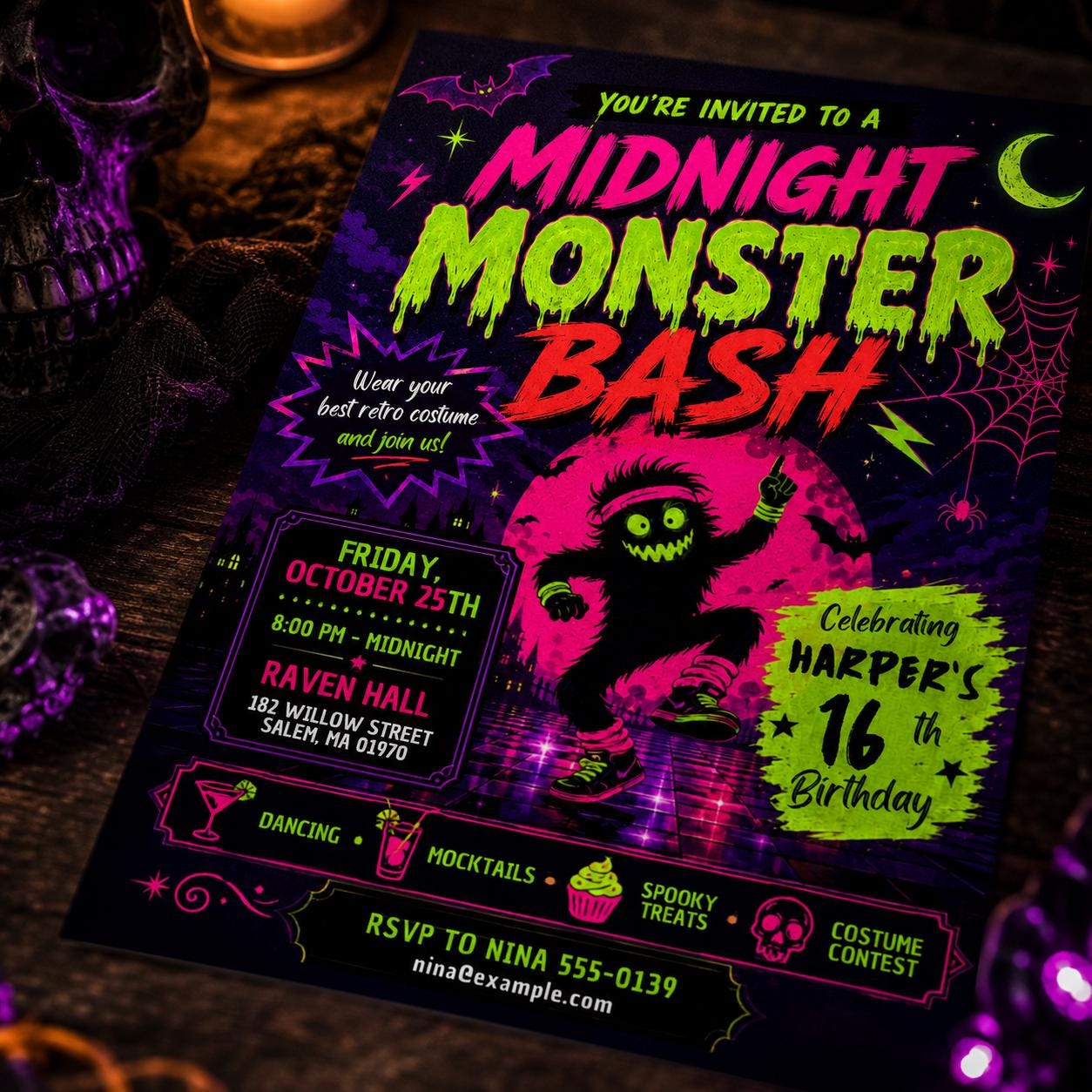Neon Halloween Birthday Invitation, Monster Bash 16th Teen Costume Party Editable Canva Template - Image 4