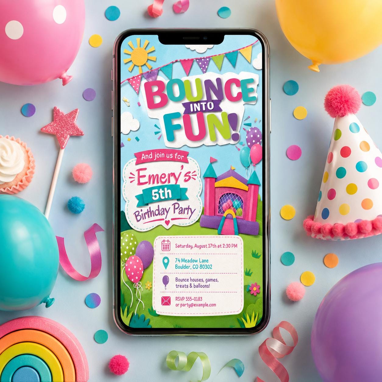 Bounce House Birthday Invitation, Colorful 5th Birthday Jump Party Editable Printable Canva Template - Image 4