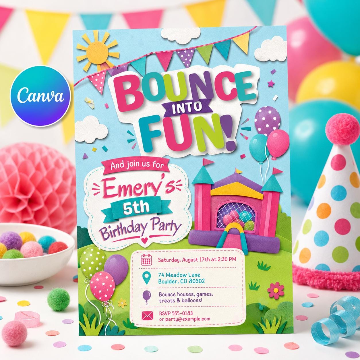 Bounce House Birthday Invitation, Colorful 5th Birthday Jump Party Editable Printable Canva Template