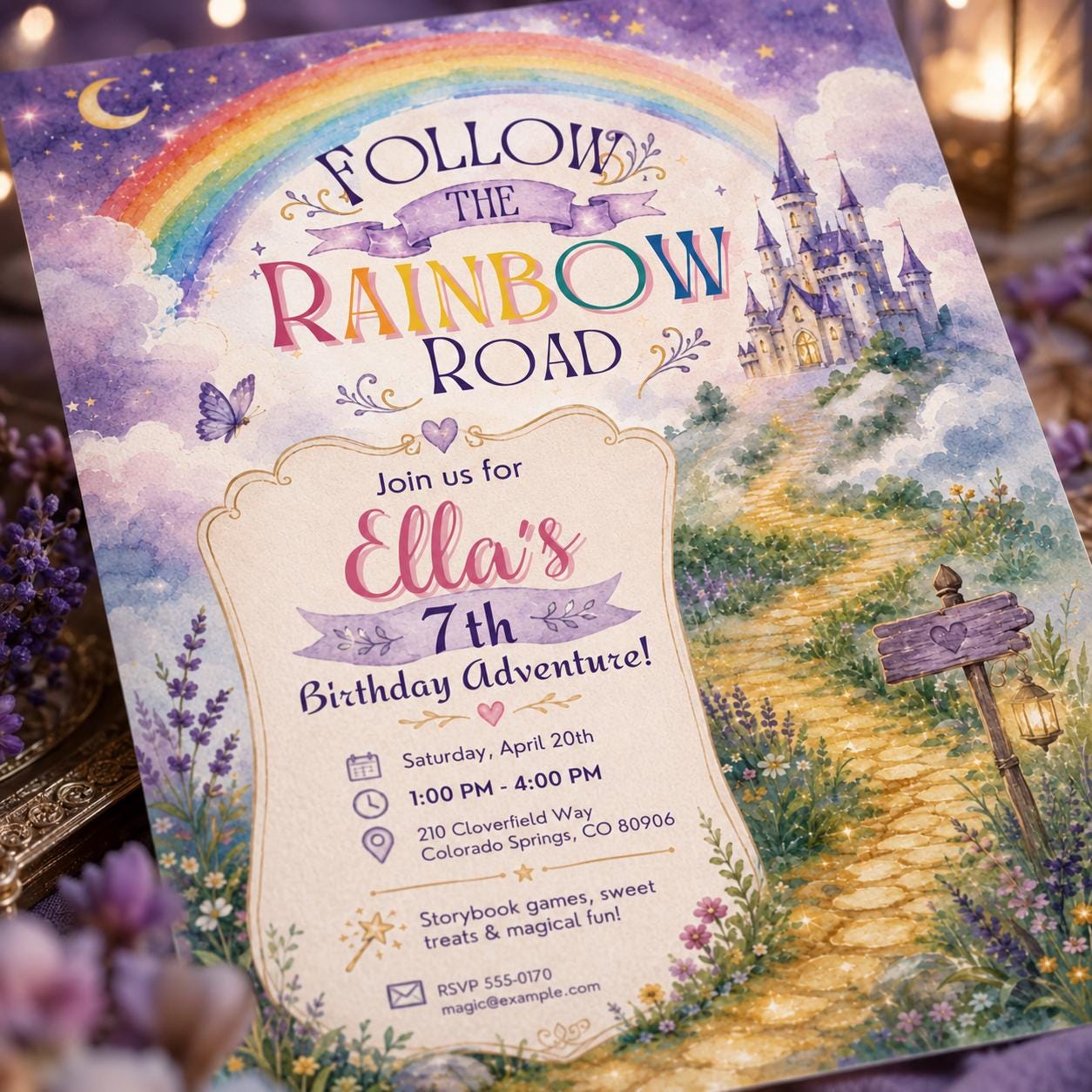 Rainbow Princess Birthday Invitation, Fairytale Castle 7th Birthday Girl Editable Canva Template - Image 3