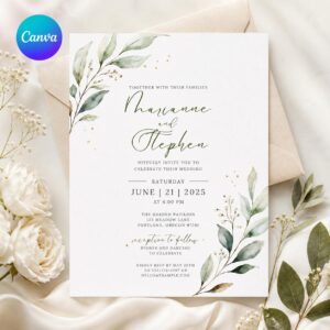 Greenery Wedding Invitation, Minimalist Botanical Olive Leaf Editable Printable Canva Template