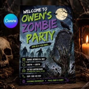 Zombie Halloween Party Invitation, Spooky Graveyard Costume Bash Editable Printable Canva Template