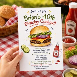 40th Birthday Cookout Invitation, Backyard BBQ Burger Party Editable Printable Canva Template