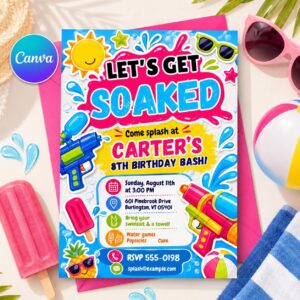 Water Gun Birthday Invitation, Let's Get Soaked 8th Birthday Splash Party Editable Printable Canva Template