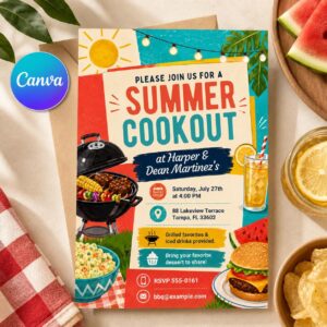 Summer Cookout Invitation, Backyard BBQ Party Grill and Chill Editable Printable Canva Template