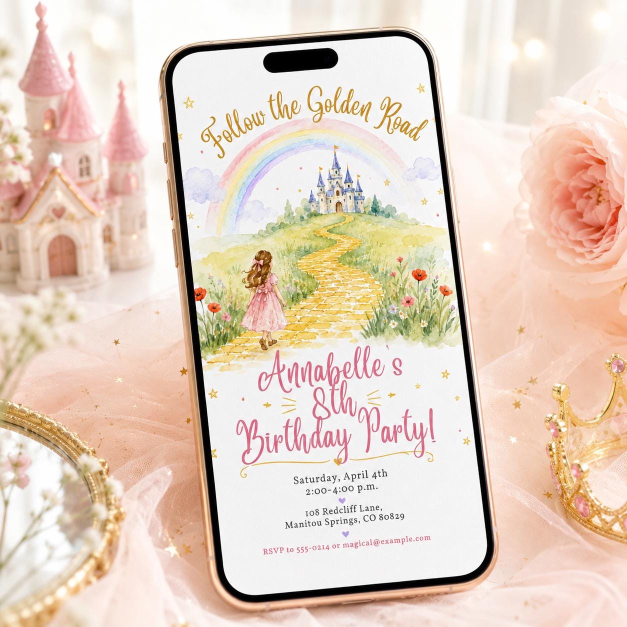 Rainbow Castle Birthday Invitation, Golden Road Princess Party Invite, Watercolor Fairytale Girl 8th Birthday, Editable Canva Template - Image 3