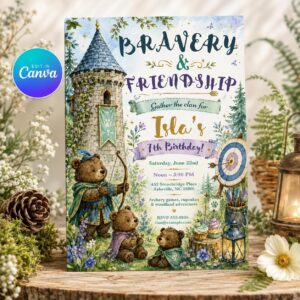Woodland Bear Birthday Invitation, Archery Adventure Party Invite, Fairytale Friendship Theme, Editable Printable Canva Template