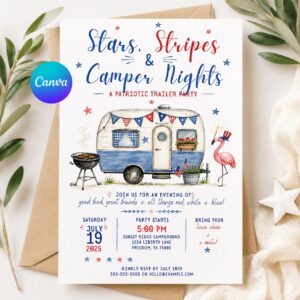 Patriotic Camping Invitation, 4th of July RV Camper Party Invite, Red White Blue Trailer Celebration, Editable Printable Canva Template