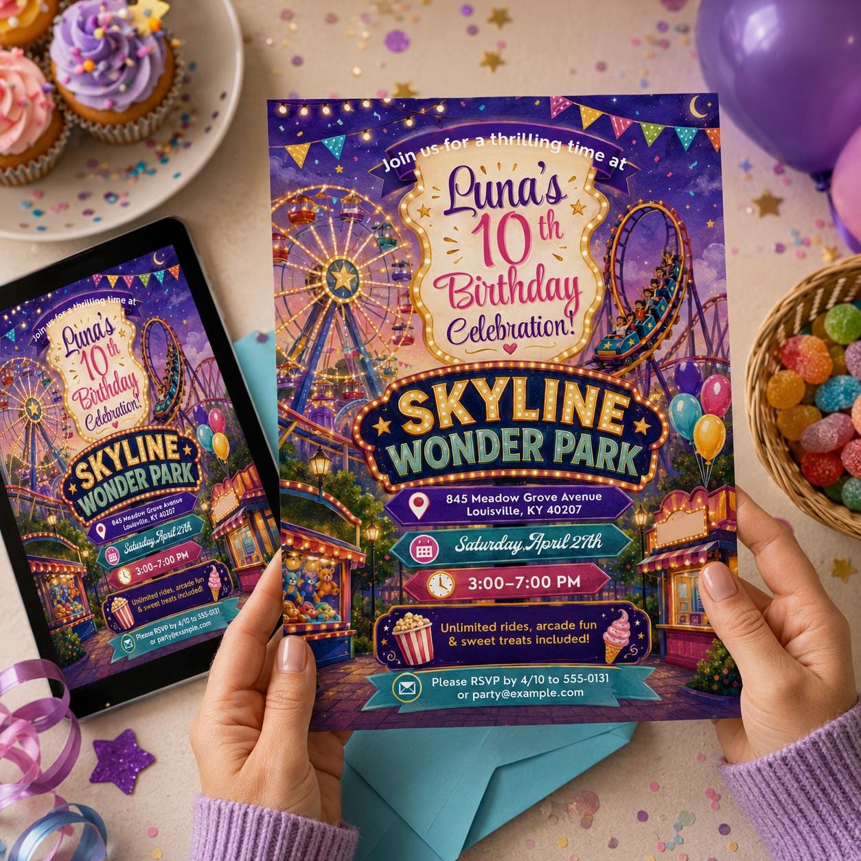 Amusement Park Birthday Invitation, Roller Coaster Carnival 10th Girl Party Editable Printable Canva Template - Image 4