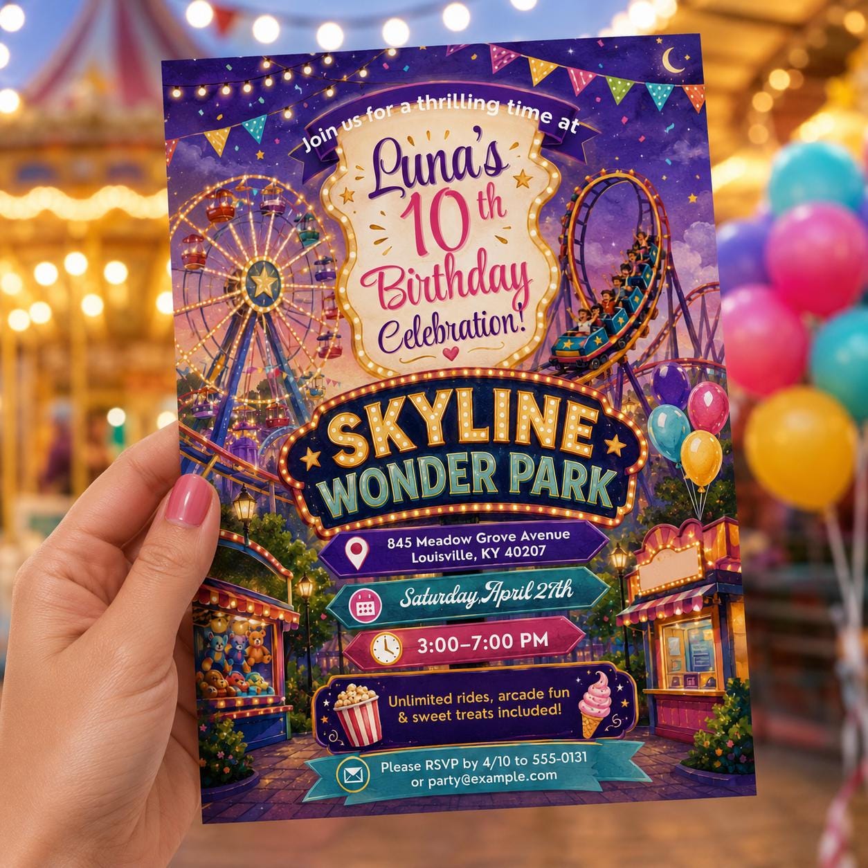 Amusement Park Birthday Invitation, Roller Coaster Carnival 10th Girl Party Editable Printable Canva Template - Image 5