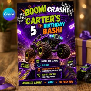 Monster Truck Birthday Invitation, 5th Boy Racing Arena Party Editable Printable Canva Template
