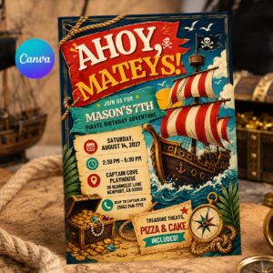 Pirate Birthday Invitation, Ahoy Matey 7th Boy Treasure Ship Party Editable Printable Canva Template
